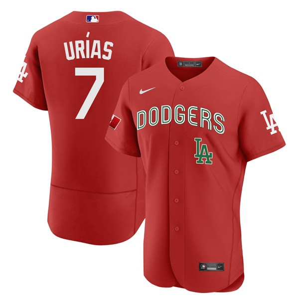 Men's Los Angeles Dodgers #7 Julio Urias 2021 Mexican Heritage Red Flex Base Stitched Men's Los Angeles Dodgers #7 Julio Urias 2021 Mexican Heritage Red Flex Base Stitched